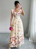 Women’s Puff Sleeve Floral Print Waist-Cinching Dress