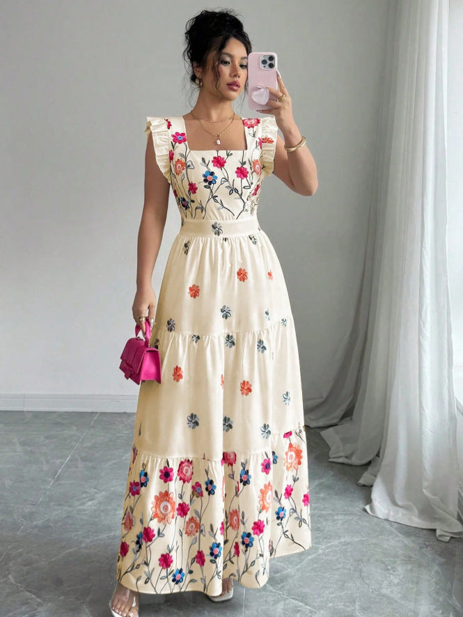 Women’s Puff Sleeve Floral Print Waist-Cinching Dress