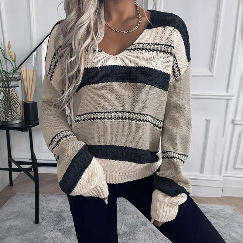 Women's French Vintage Striped Sweater | V-Neck Long Sleeve Stretch Knit