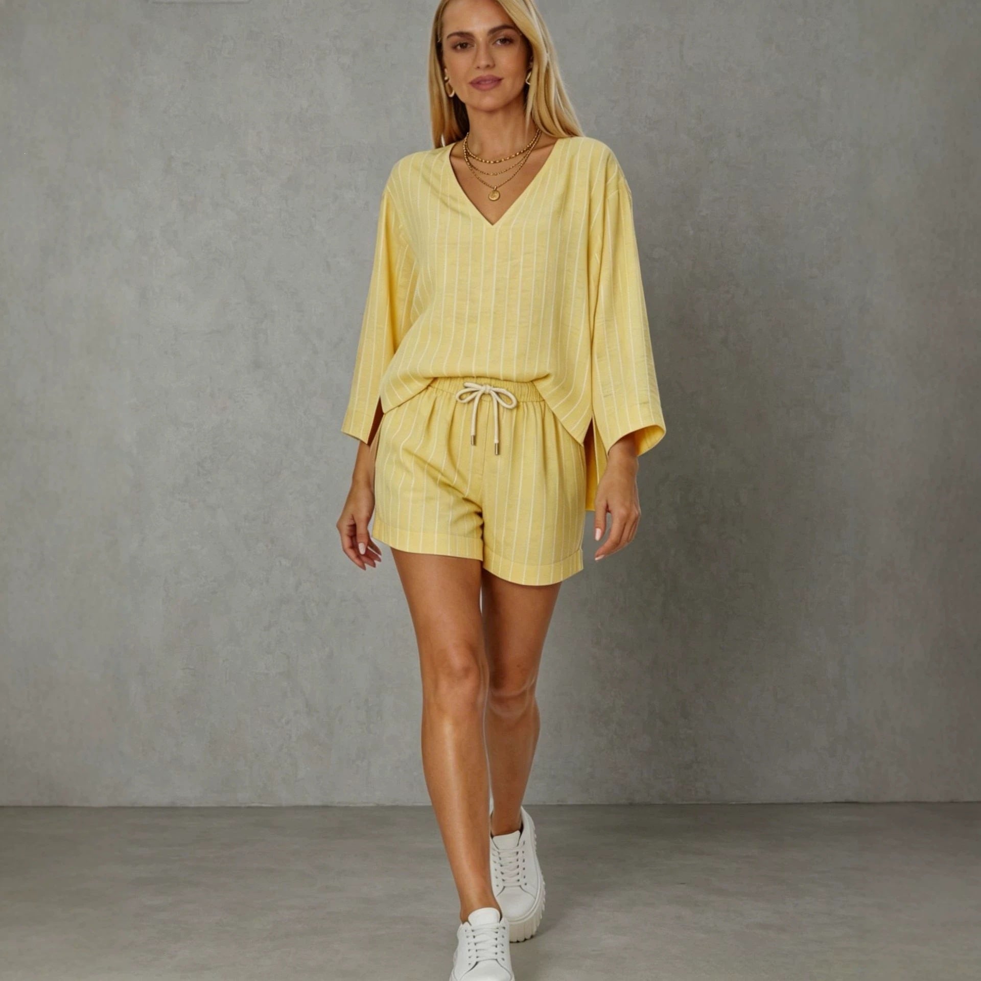 Women's Loose V-Neck Long Sleeve Striped Shorts Set – Casual Leisure