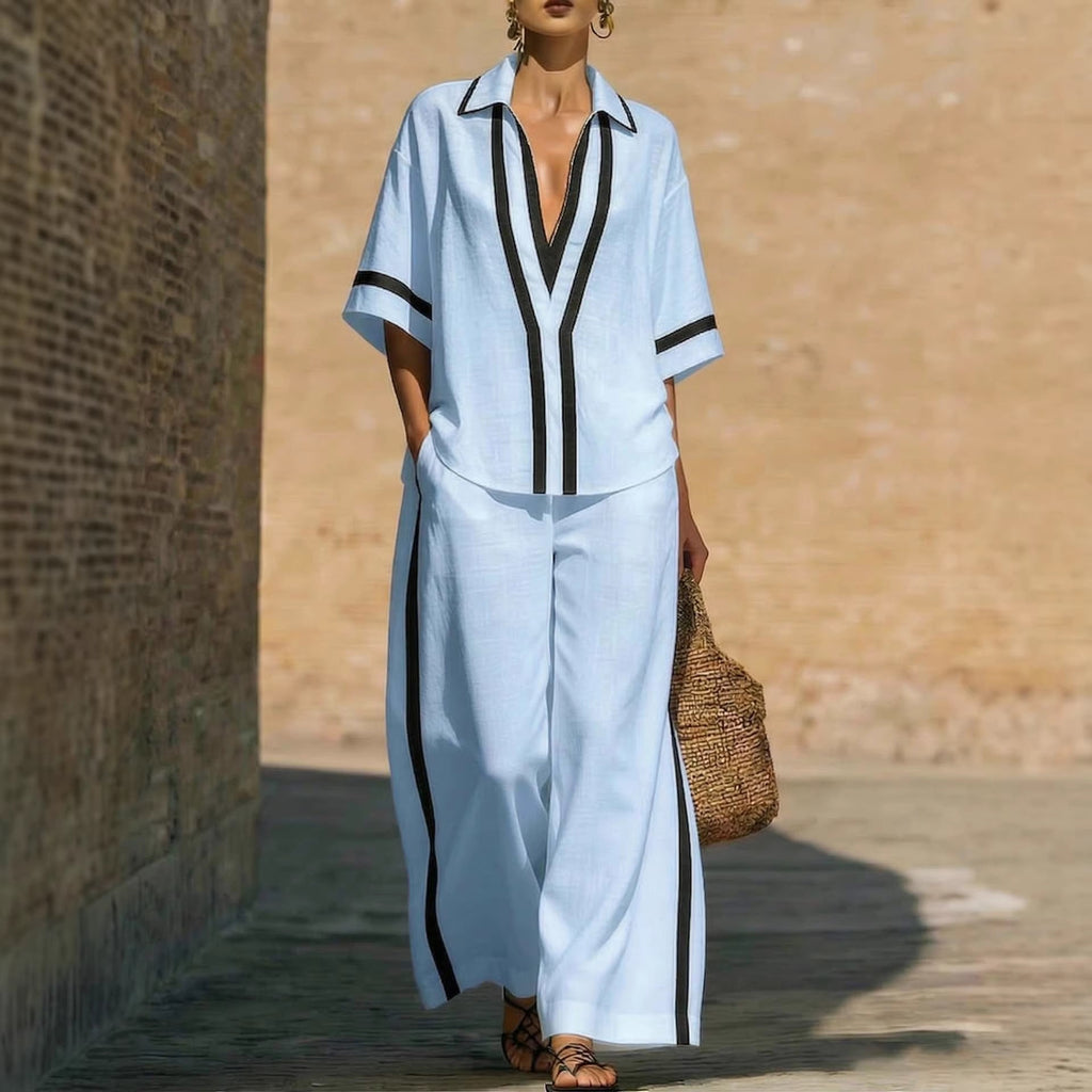 Women’s Color Block Shirt and Wide-Leg Pants Set