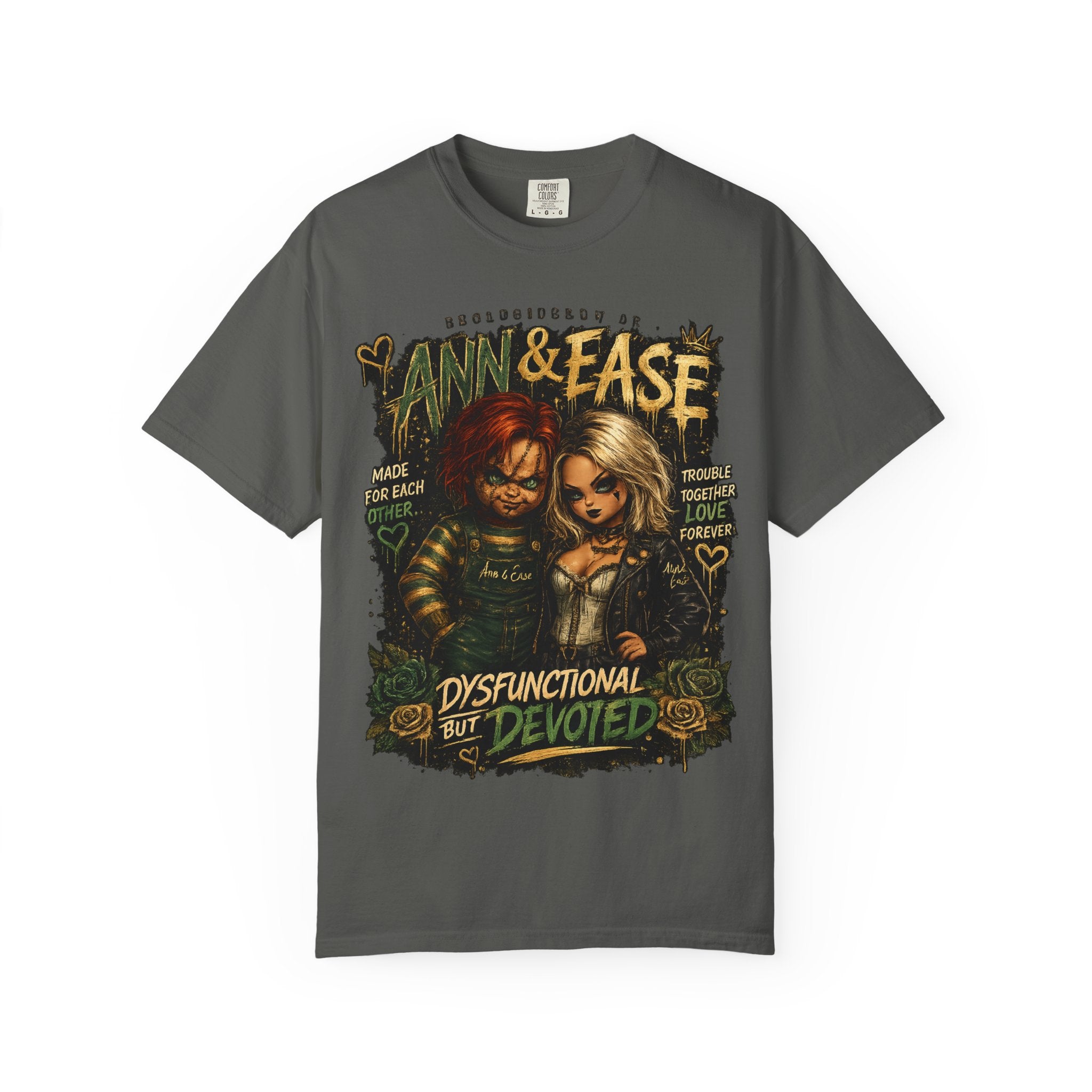 Camiseta — "Ann & Ease: Disfuncionales Pero Devotos" Camiseta Gráfica de Pareja de Terror