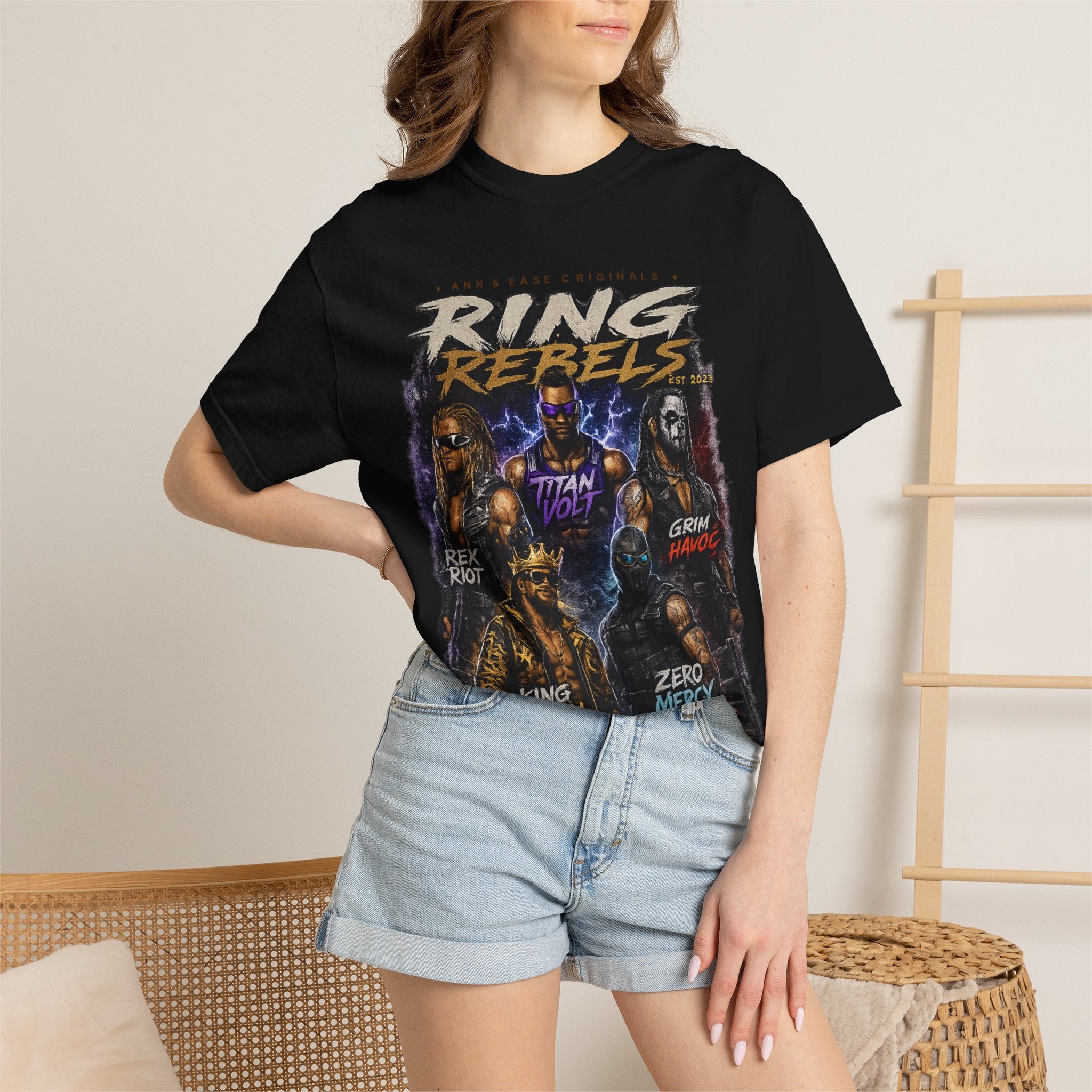 T-Shirt — Ring Rebels Graphic Tee (Rex Riot, Titan Bolt, Grim Havoc, King Vandal, Zero Mercy)