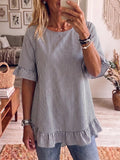 Women's Striped Ruffle-Sleeve Loose-Fit Blouse – Three-Quarter Sleeve