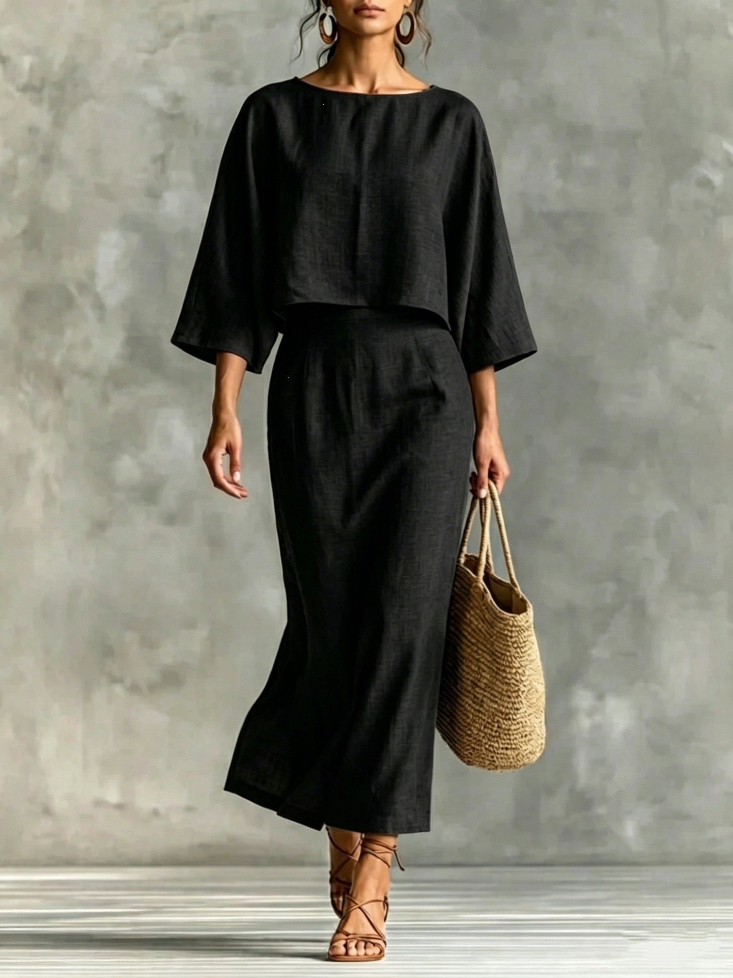 High Waist Long Skirt & 3/4 Sleeve Loose Top Set