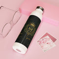 Slim Water Bottle - Elegant Gold Crest 'A&E' Adventure Starts Here Stainless Steel Bottle