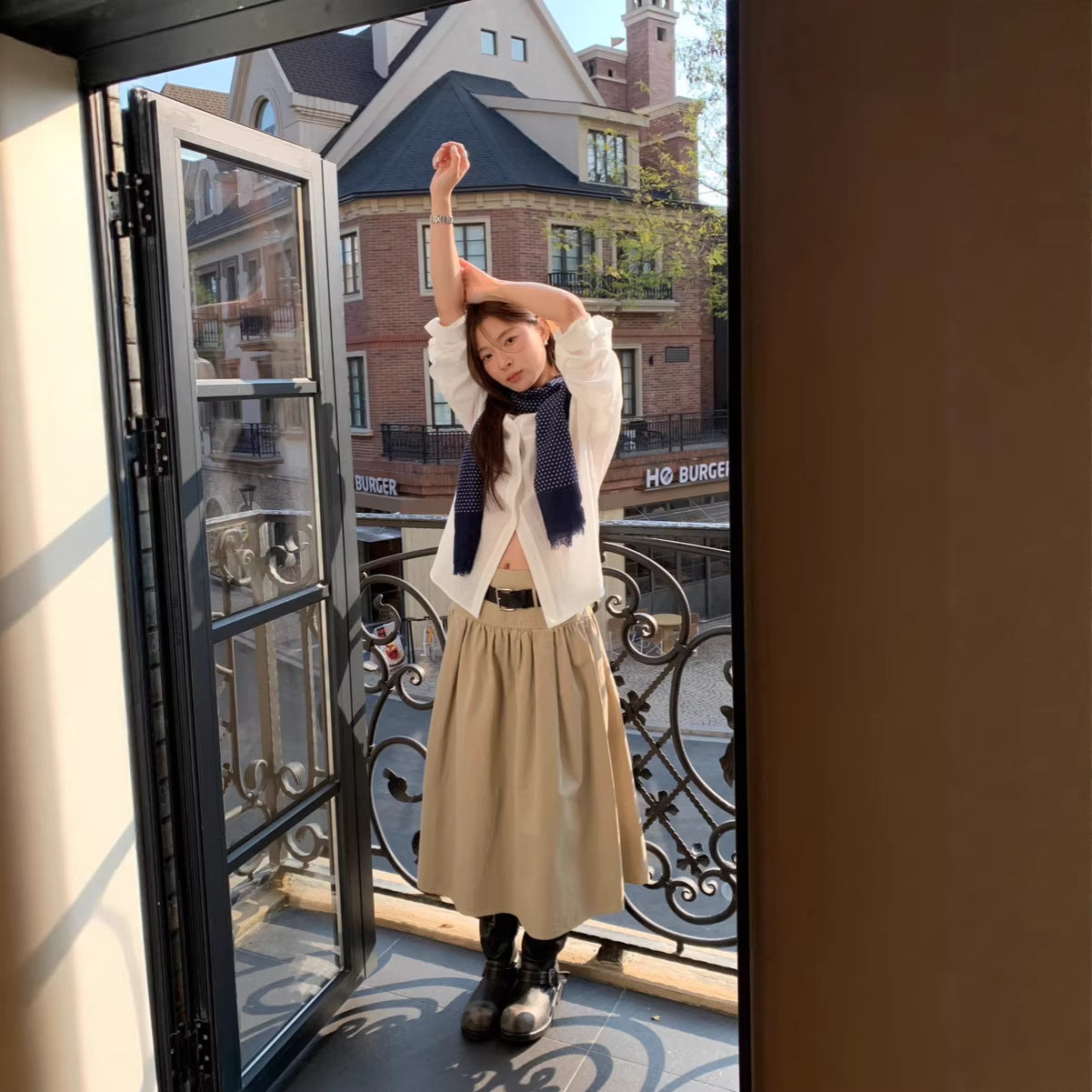 Relaxed A-Line Crushed Pleat Cotton Midi Skirt with Belt