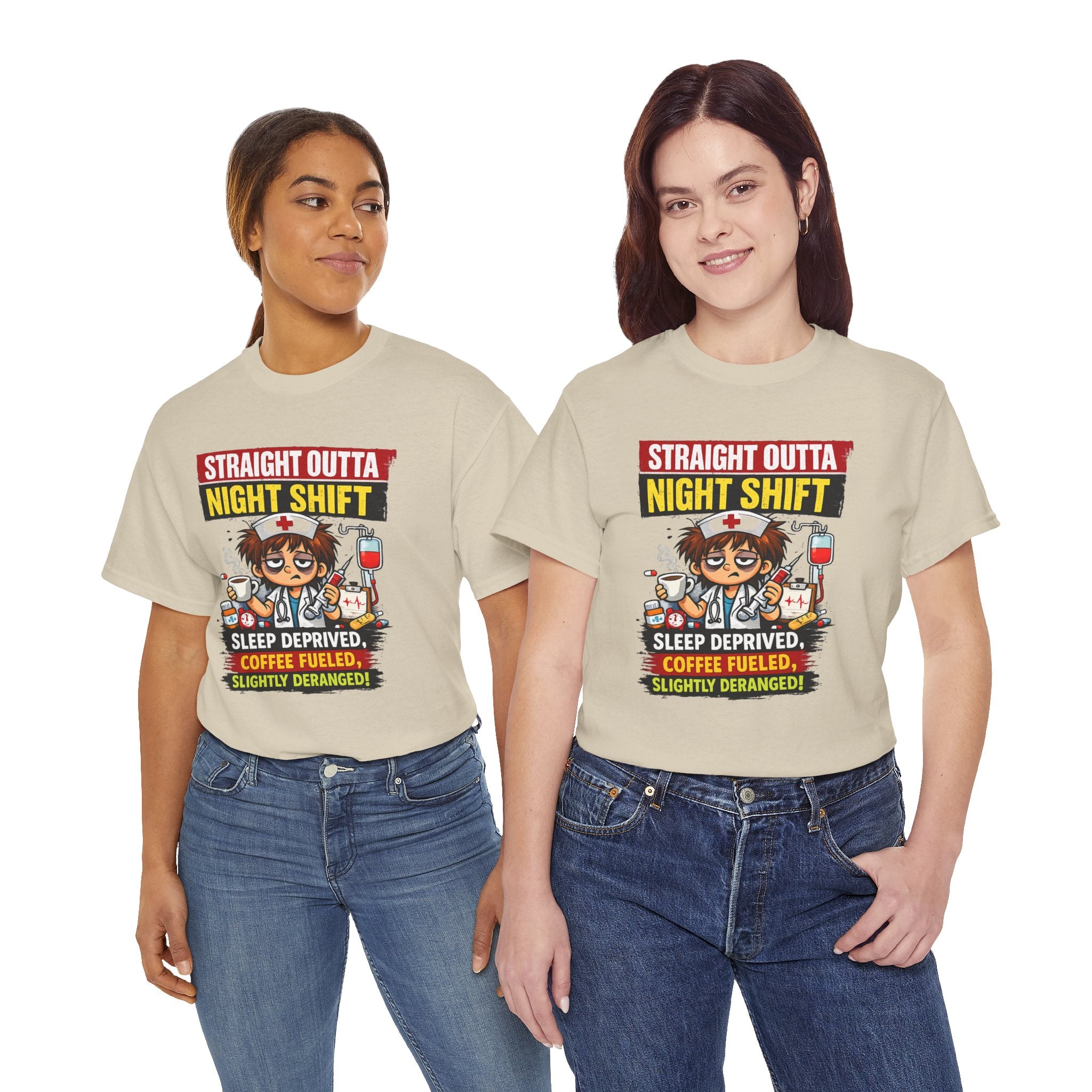 Straight Outta Night Shift Nurse T-Shirt — Sleep Deprived, Coffee Fueled Healthcare Tee