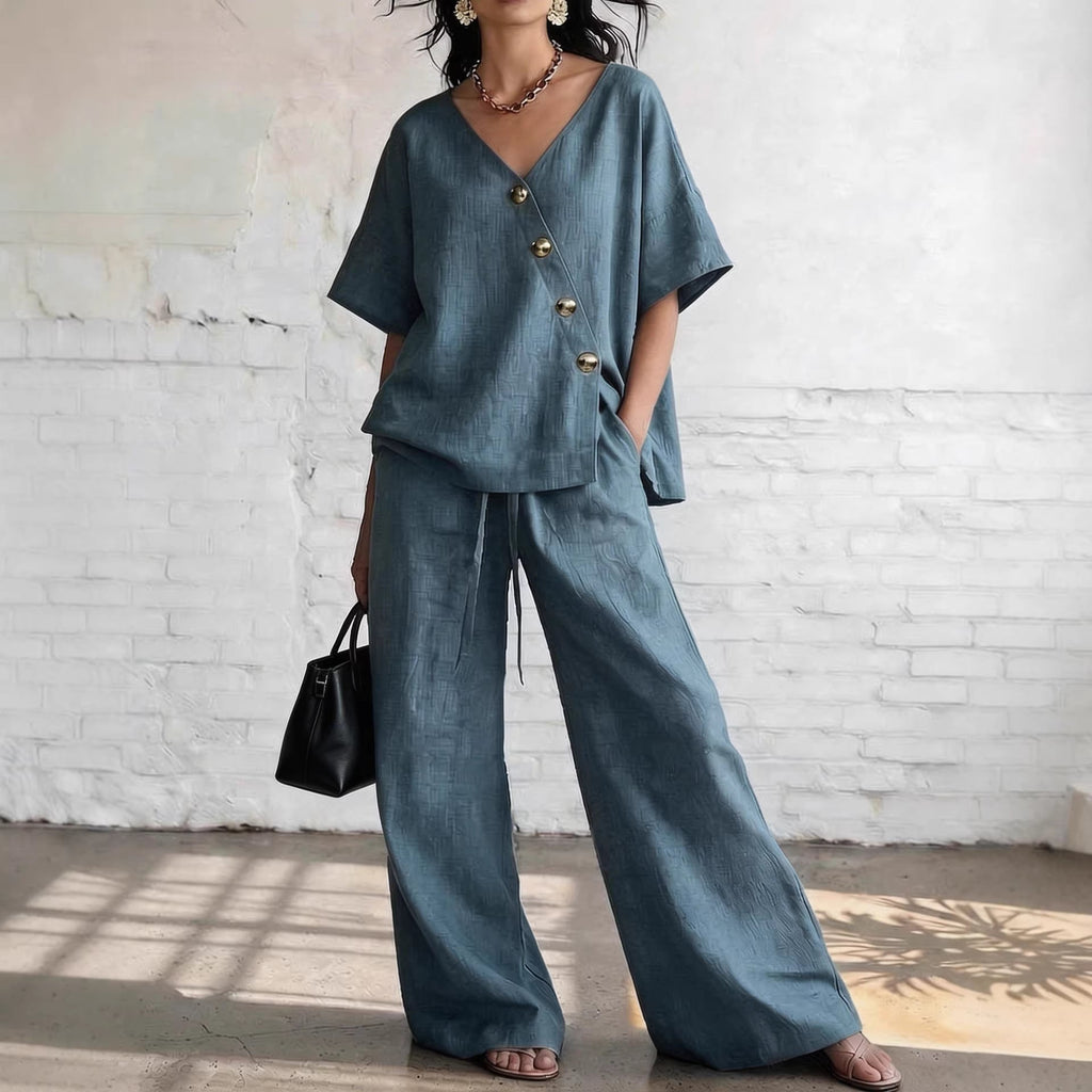 Women's Loose Cotton-Linen V-Neck Top & Wide-Leg Pants Set