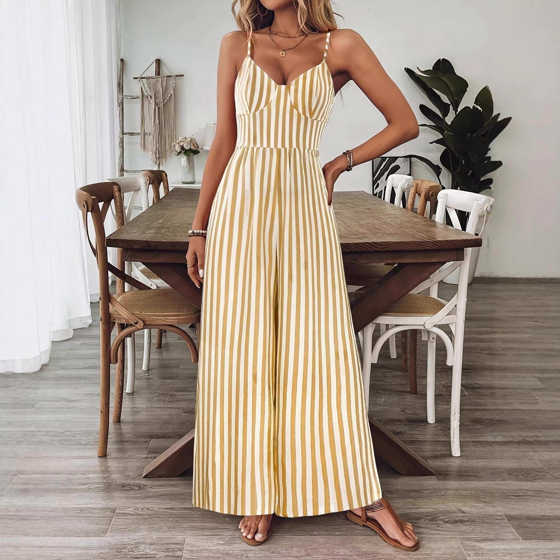 Printed Backless Sleeveless Strap Jumpsuit | Ginger Yellow