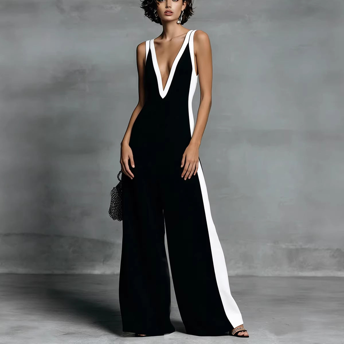 Women's Color-Block Sleeveless V-Neck Wide-Leg Jumpsuit – French Style Long Pants