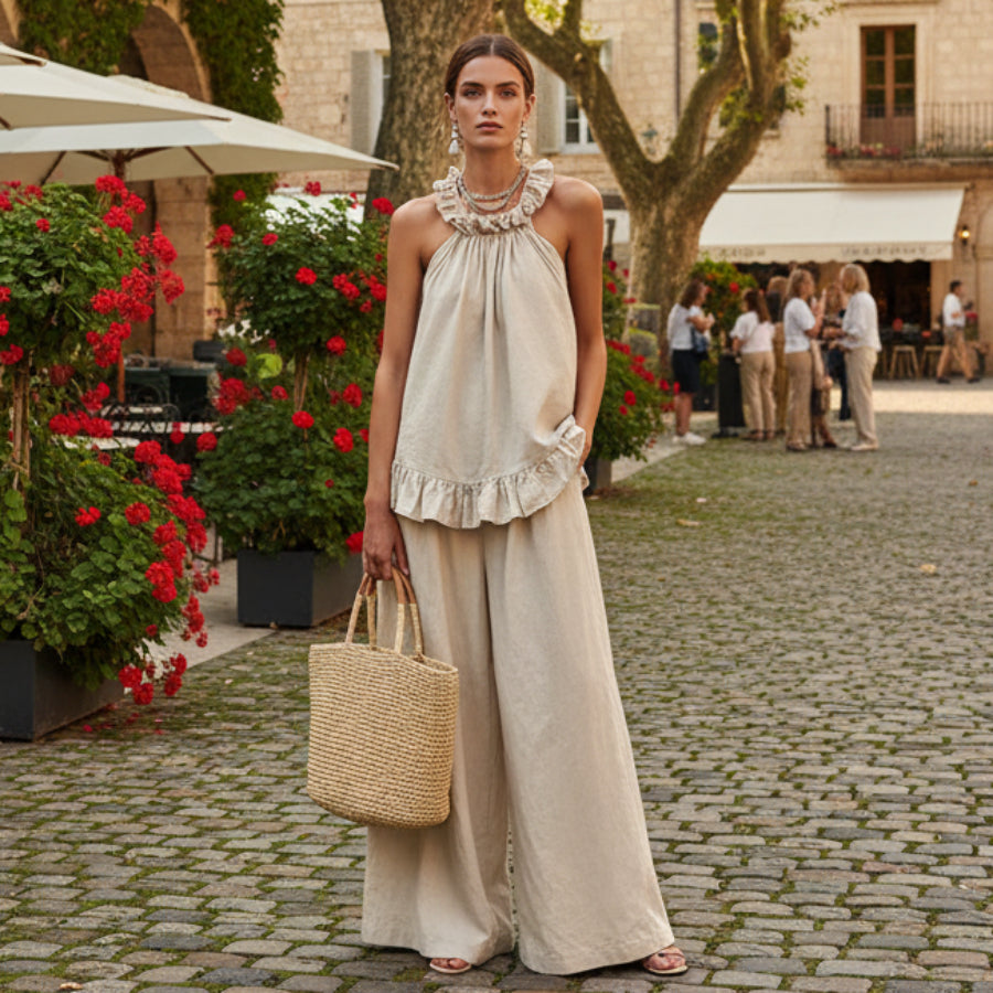 Halterneck Loose Two-Piece Set | Pleated Asymmetric Pocket Set