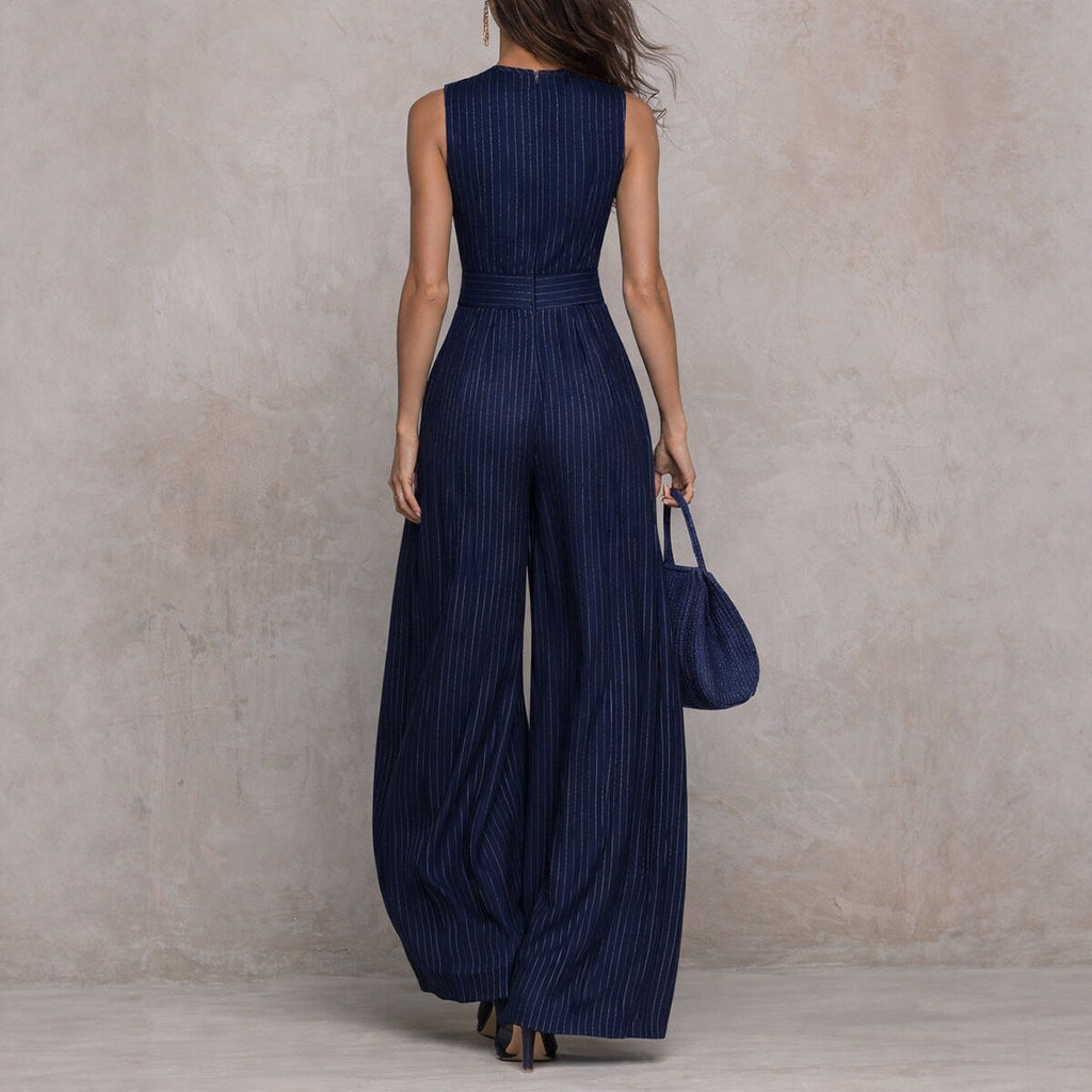 Women's Navy Blue Striped Sleeveless Wide-Leg Jumpsuit — High-Waist French Style
