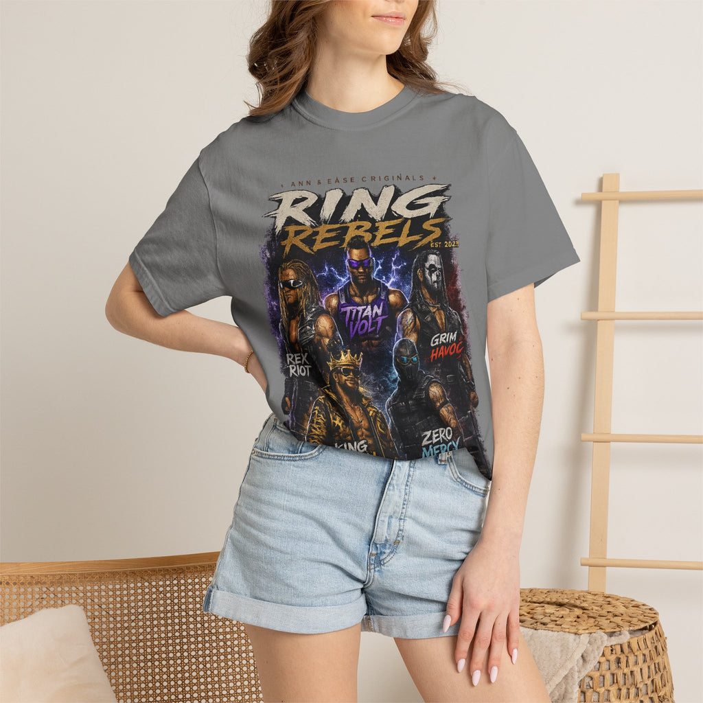 T-Shirt — Ring Rebels Graphic Tee (Rex Riot, Titan Bolt, Grim Havoc, King Vandal, Zero Mercy)