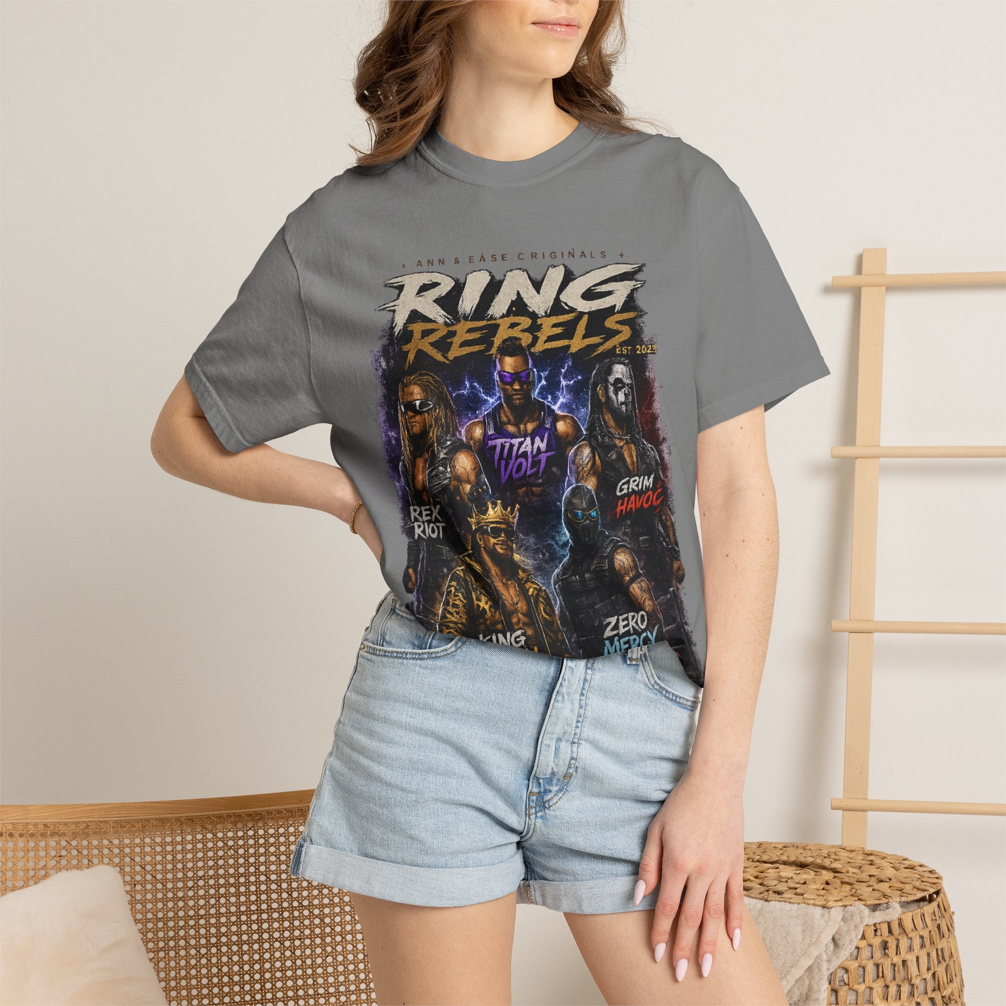 T-Shirt — Ring Rebels Graphic Tee (Rex Riot, Titan Bolt, Grim Havoc, King Vandal, Zero Mercy)
