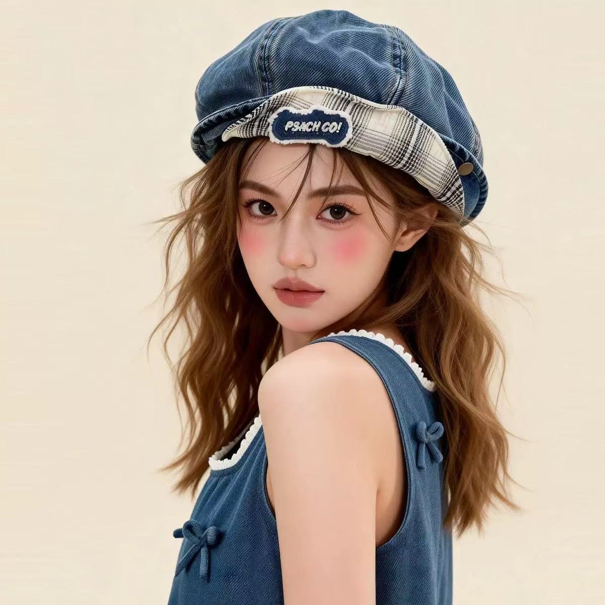 Double-Brim Turned-Up Denim Beret – Breathable Cotton Hat for Women