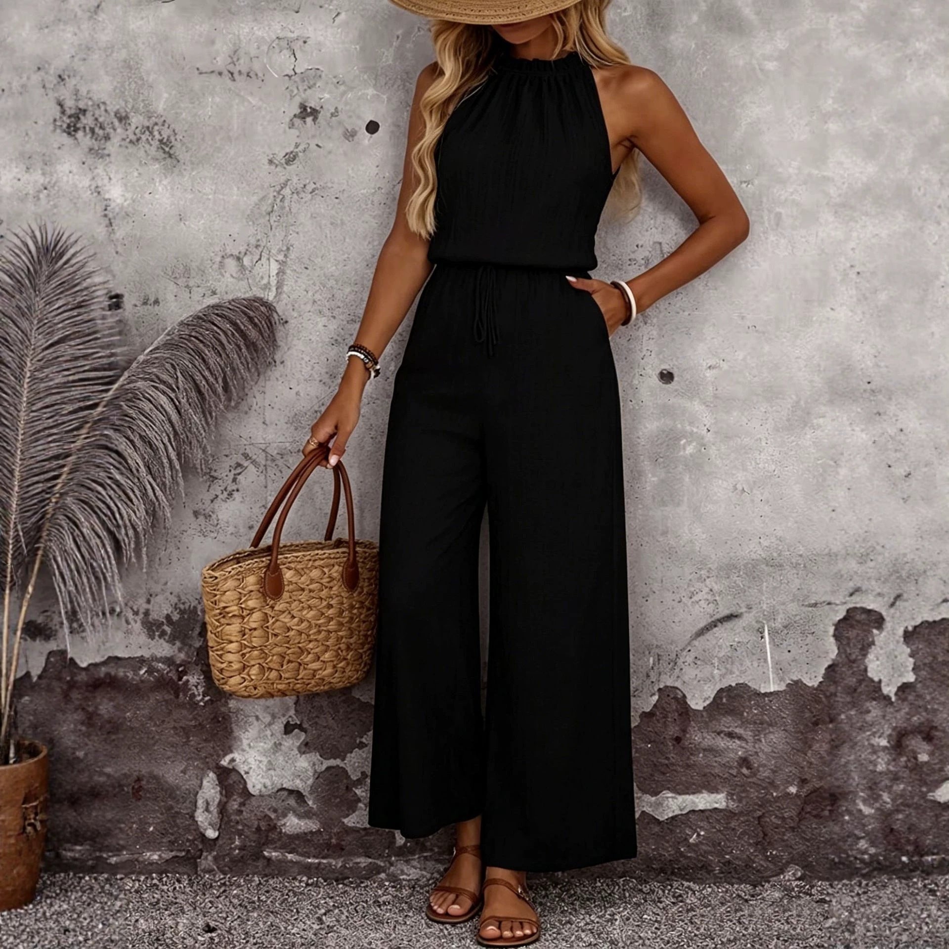 Women's Draped Neck Sleeveless Vest & Casual Pants Two-Piece Set