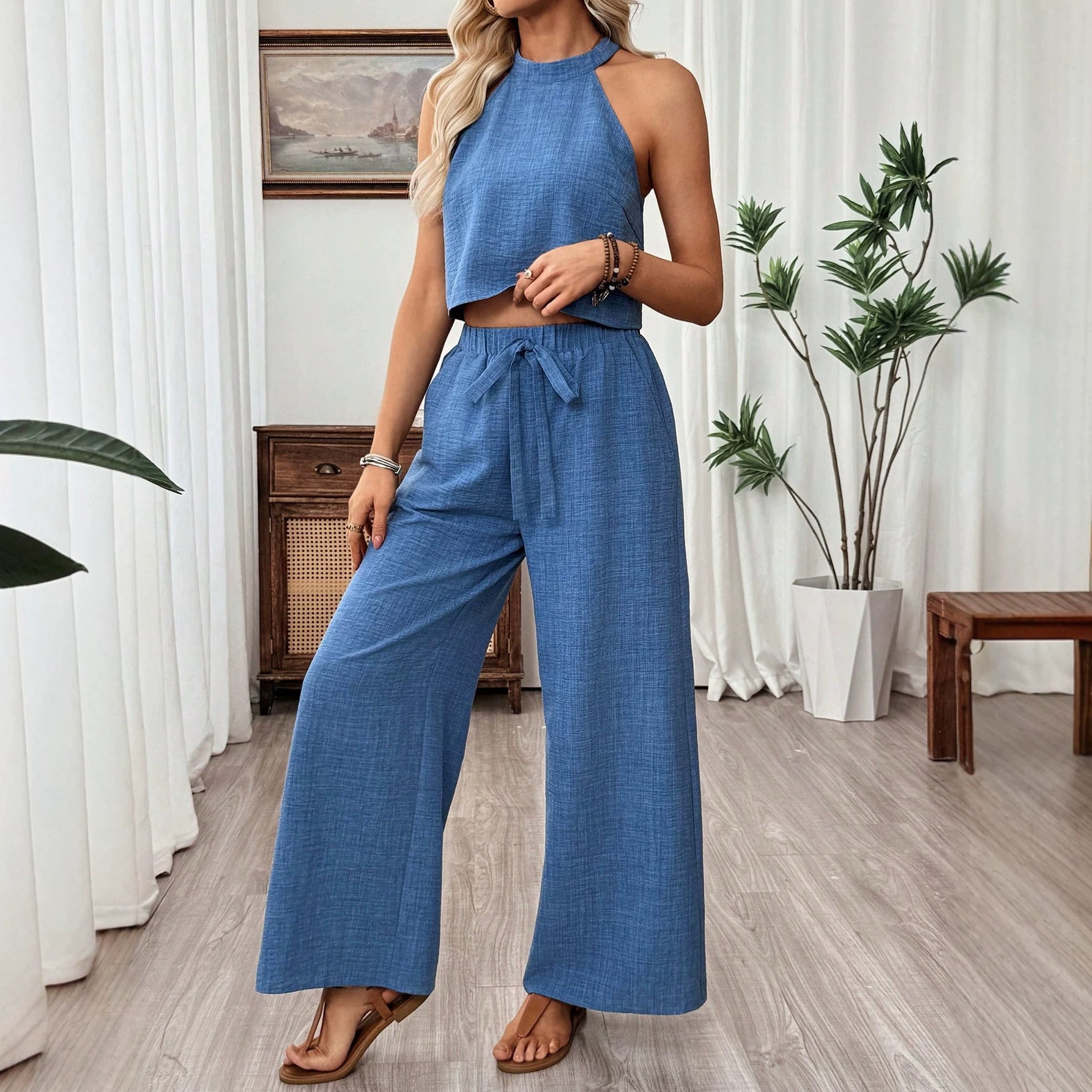 Women's Halter Neck Cropped Top & Wide-Leg Pants Two-Piece Set