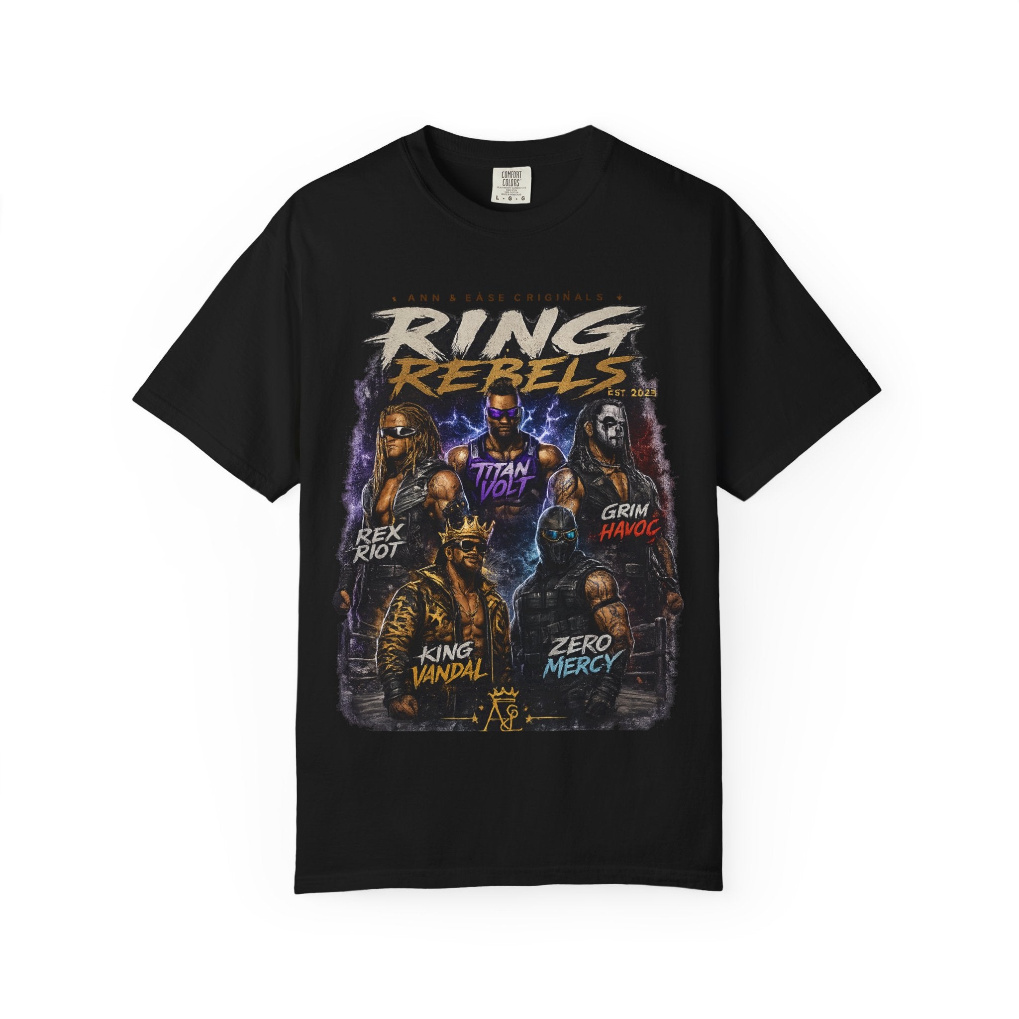 T-Shirt — Ring Rebels Graphic Tee (Rex Riot, Titan Bolt, Grim Havoc, King Vandal, Zero Mercy)
