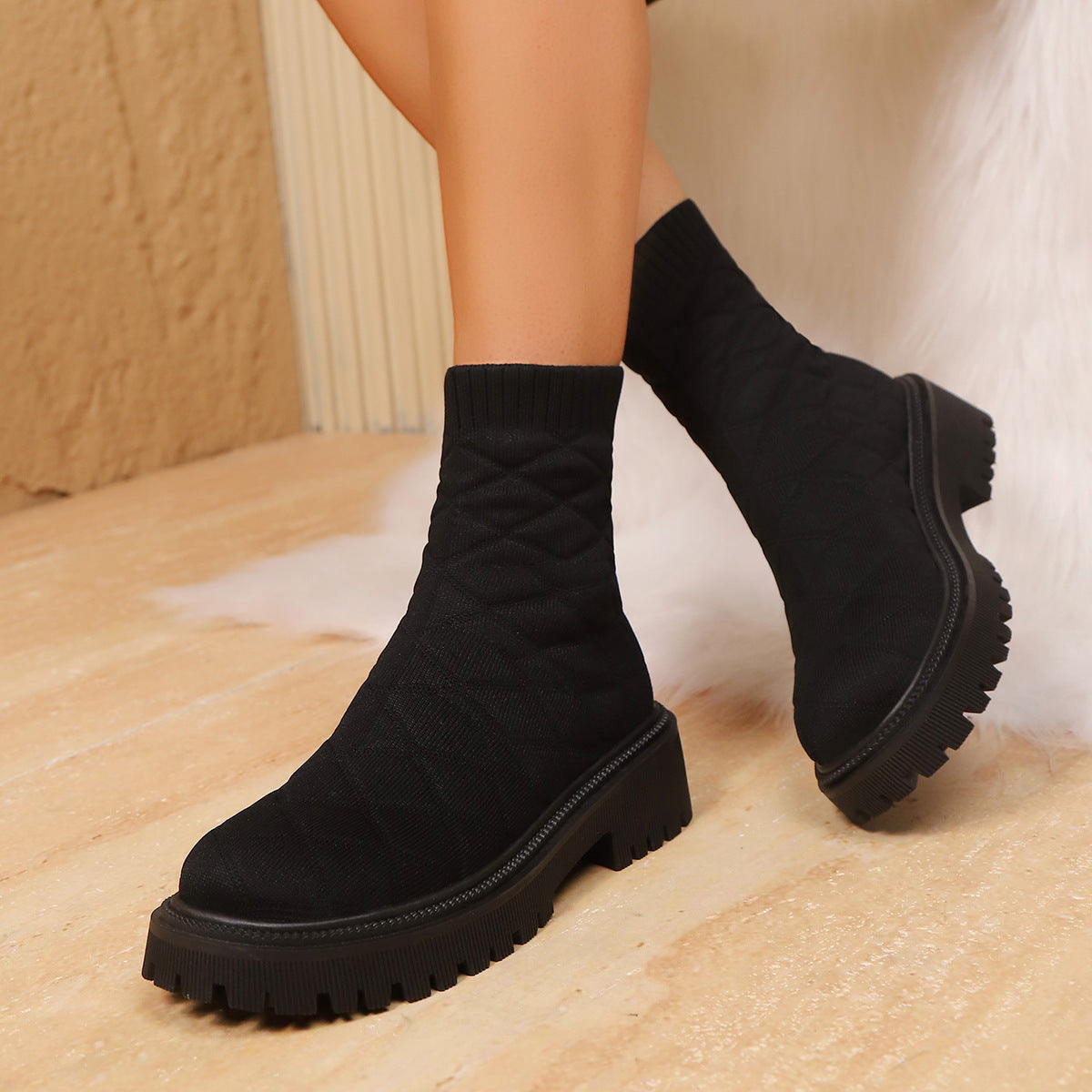 Women's Sporty Sock Ankle Boots – Height-Increasing Square Heel