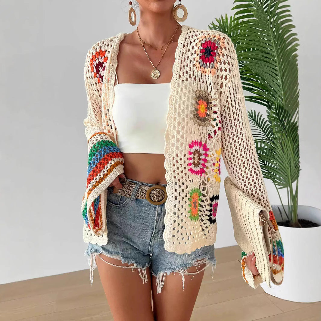 Hand-Crocheted Floral Cardigan Sweater | Boho Open Front Knit Top