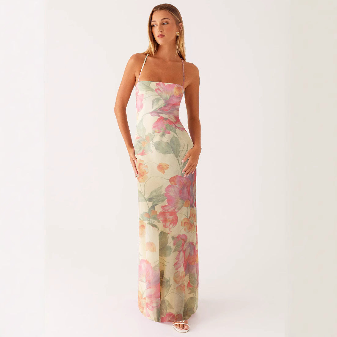 Printed Sleeveless Strap Bodycon Maxi Dress | High Waist