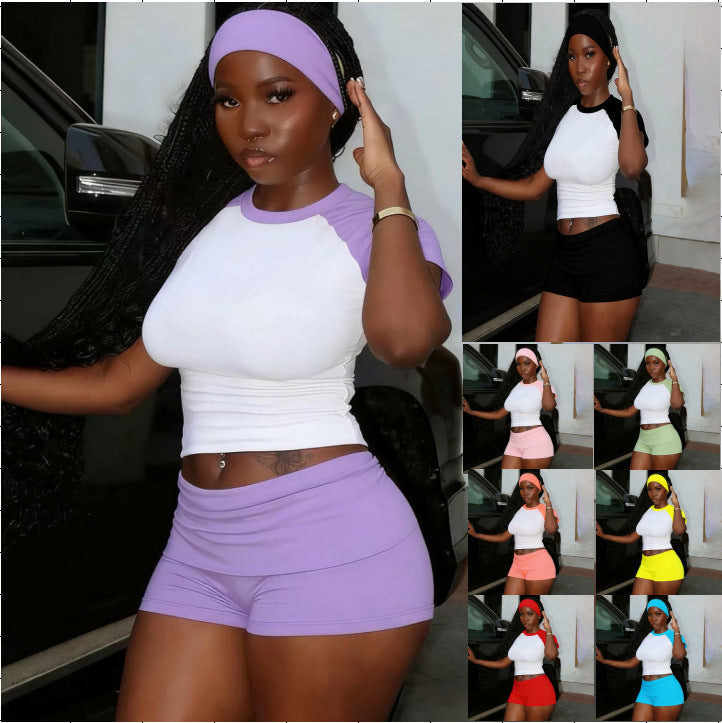 Women's Raglan Contrast Color Sportswear Set — 3-Piece T-Shirt, Shorts & Hairband