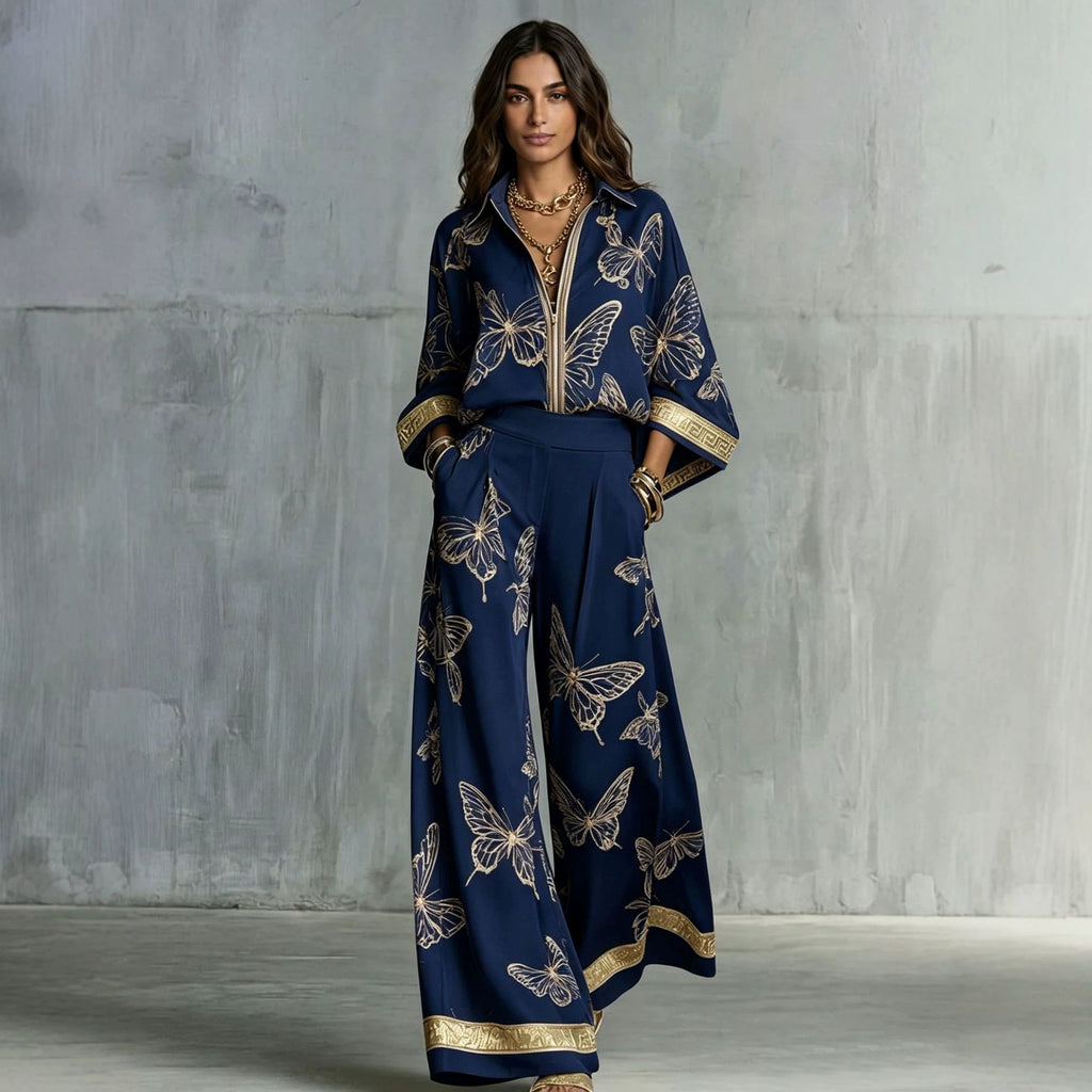 Women's Deep V-Neck Zipper Top & Wide Leg Pants Two-Piece Set