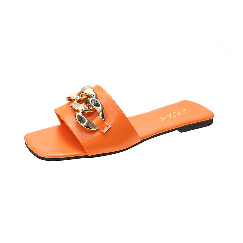 Sandalias de mujer diseño de cadena dorada puntera cerrada sin cordones zapatos mules tacón plano cabeza cuadrada chanclas casuales pantuflas de verano sandalias planas puntera abierta cadena de metal de cuero PU chanclas