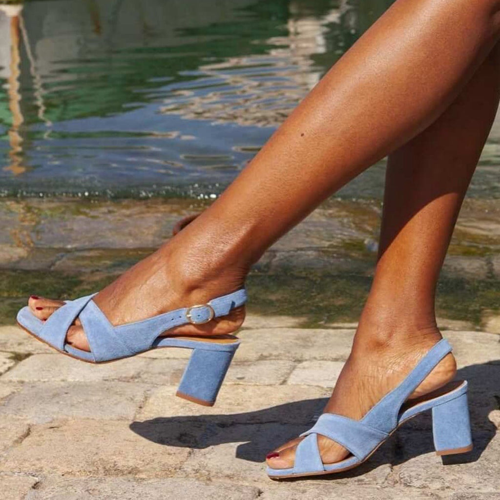 Women's Open-Toe High Heel Sandals | Buckle Strap Minimalist Heels in Red & Blue | Sizes 34–43