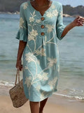 Women's Resort V-Neck Coconut Print Loose Three-Quarter Sleeve Dress