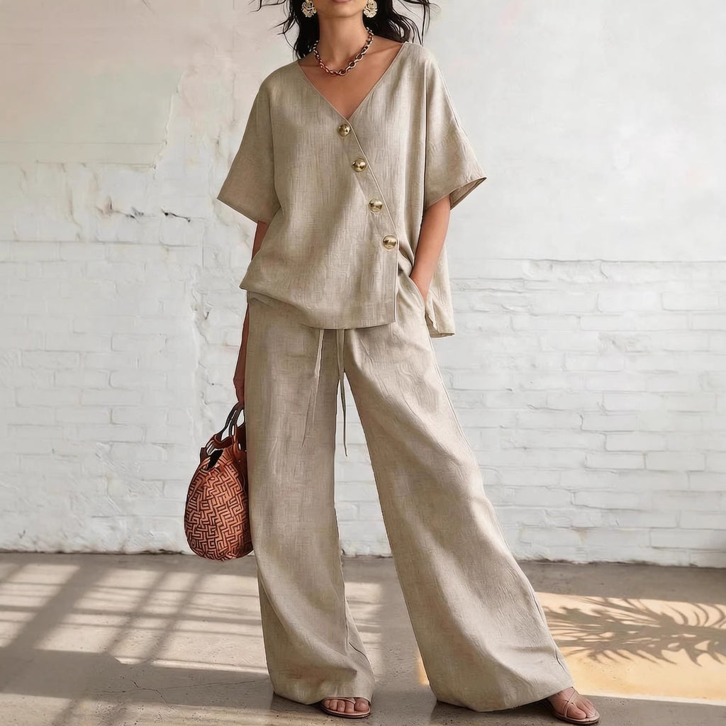 Women's Loose Cotton-Linen V-Neck Top & Wide-Leg Pants Set