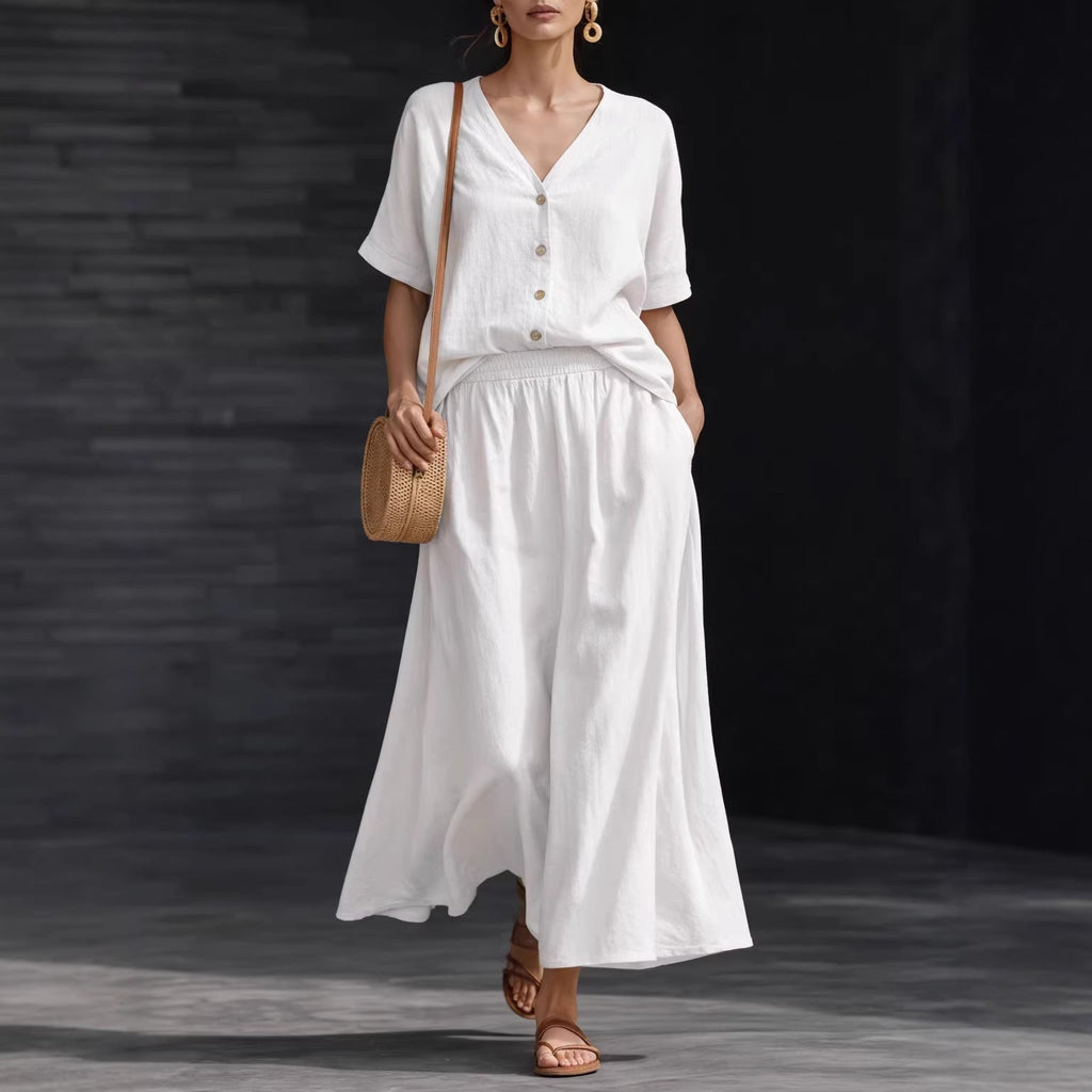 Women's V-Neck Button-Up Top & Long Skirt Set