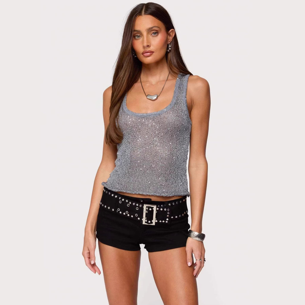 Women's Sequin Deep V-Neck Strappy Tank Top – 3 Colors S–L