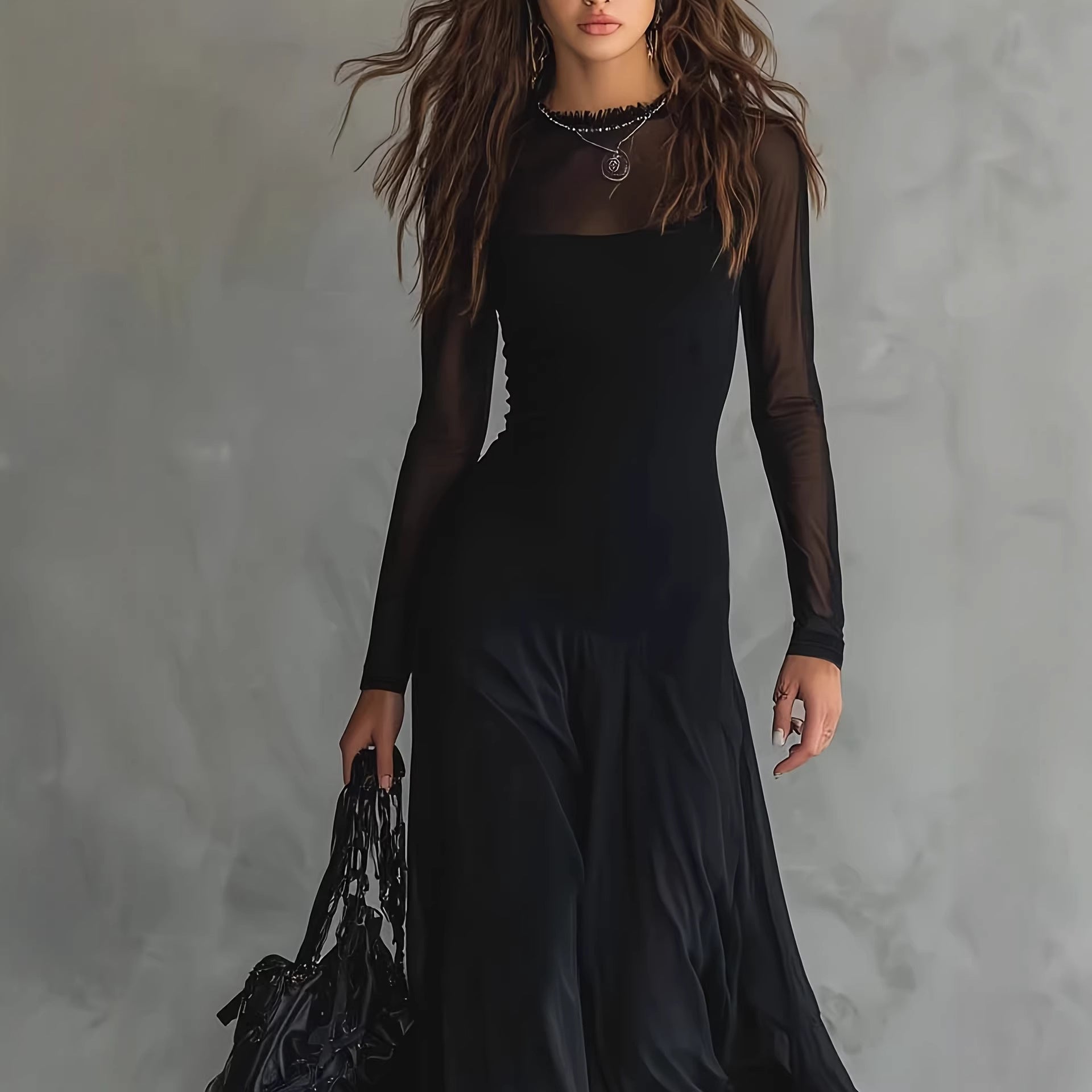 Women's Black See-Through Mesh Long Sleeve Maxi Dress – Elegant Sheer Overlay Gown