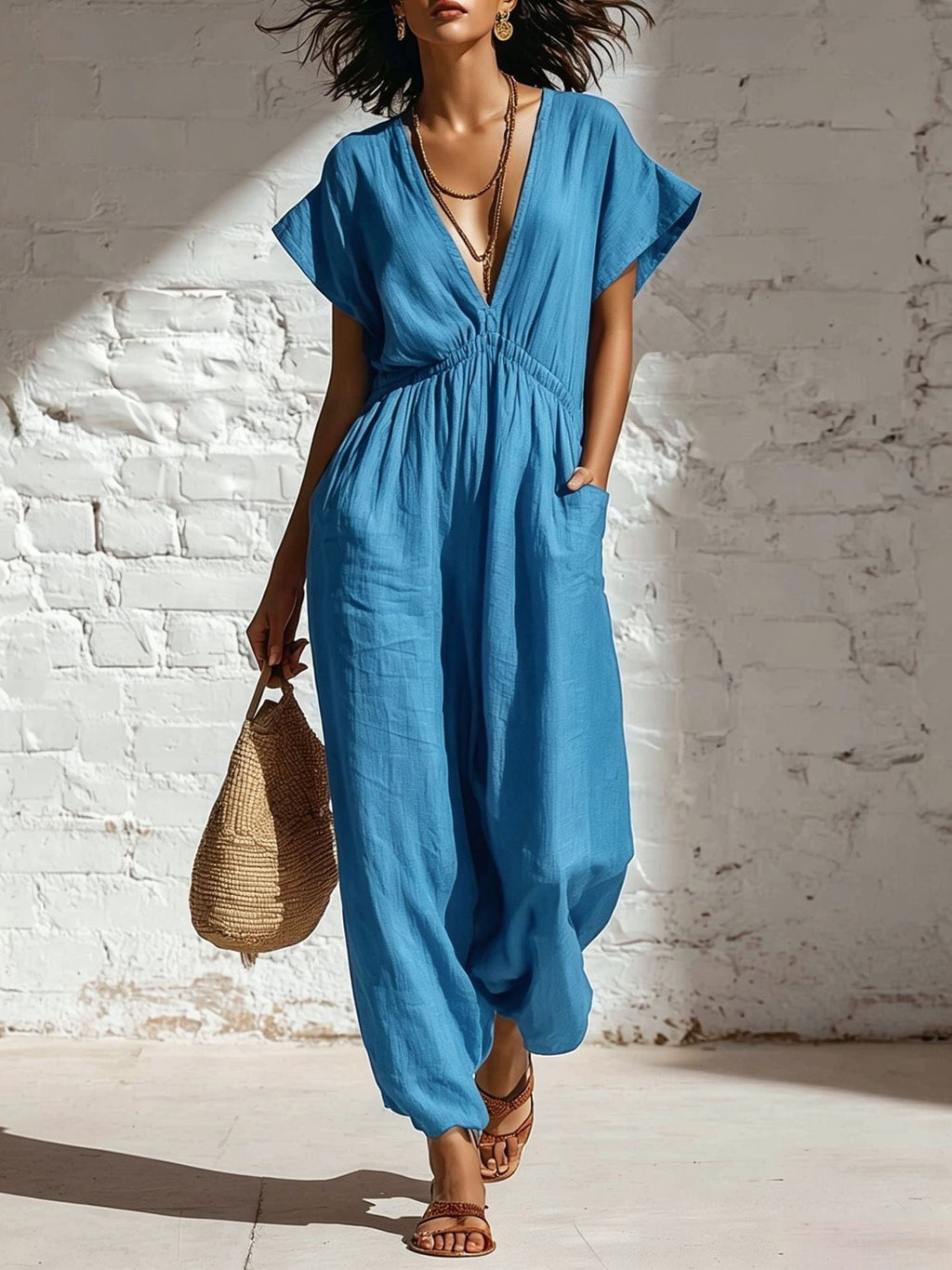 Women's Deep V-Neck Three-Quarter Sleeve High Waist Wide Leg Pants