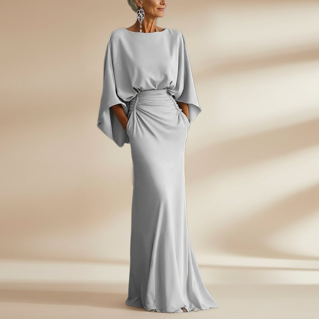 Women's Elegant Backless Pleated Batwing Sleeve Maxi Dress — Silver Mermaid Gown