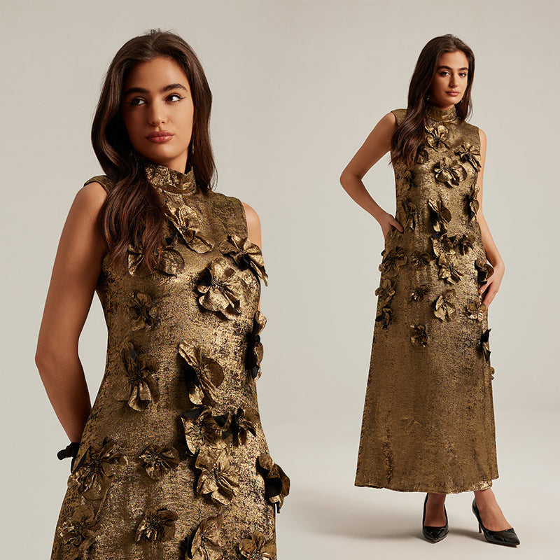 🌸 Three-Dimensional Floral Sleeveless A-Line Dress