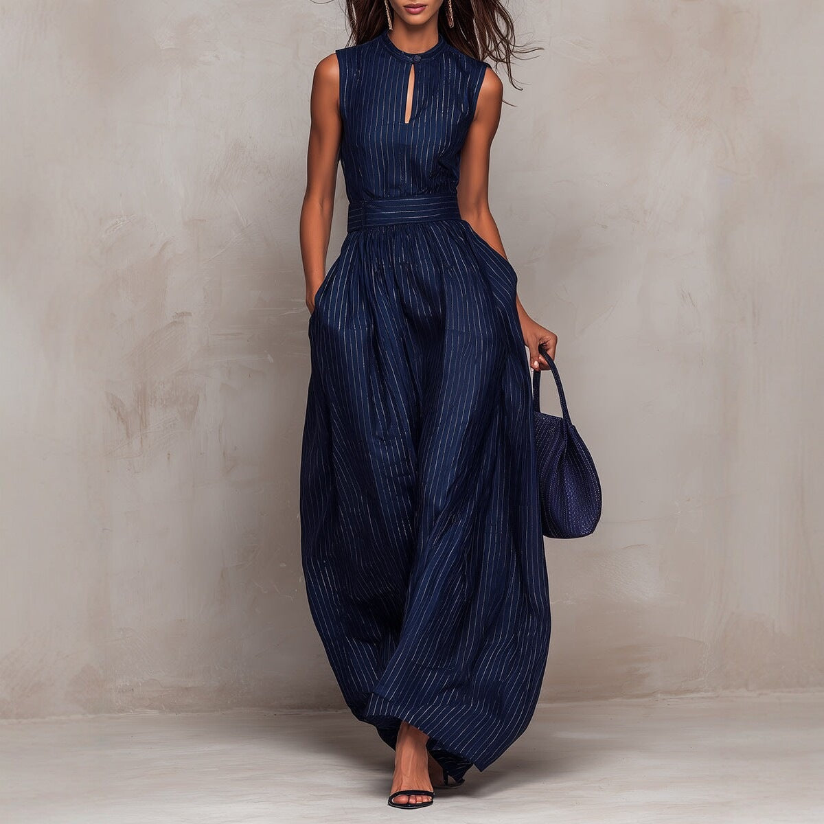 Women's Navy Blue Striped Sleeveless Wide-Leg Jumpsuit — High-Waist French Style