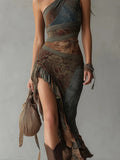 Retro Patchwork Print Asymmetric Slip Dress – High-Waist High-Slit Boho Maxi Dress
