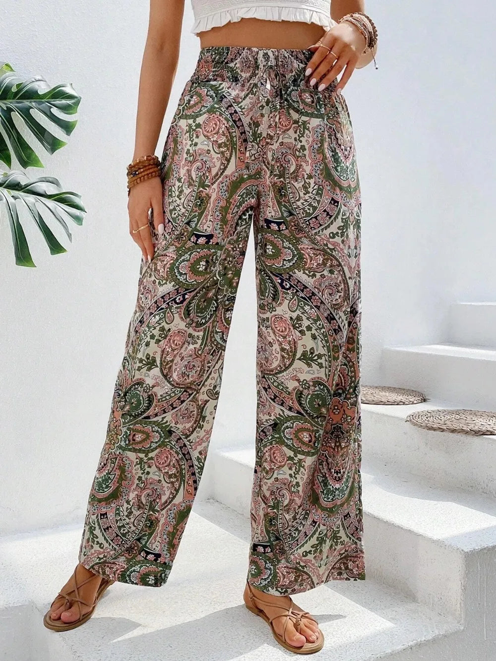 Women's Paisley Print Wide-Leg Pants – Boho Smocked Elastic Waist Tie-Up Flowy Trousers