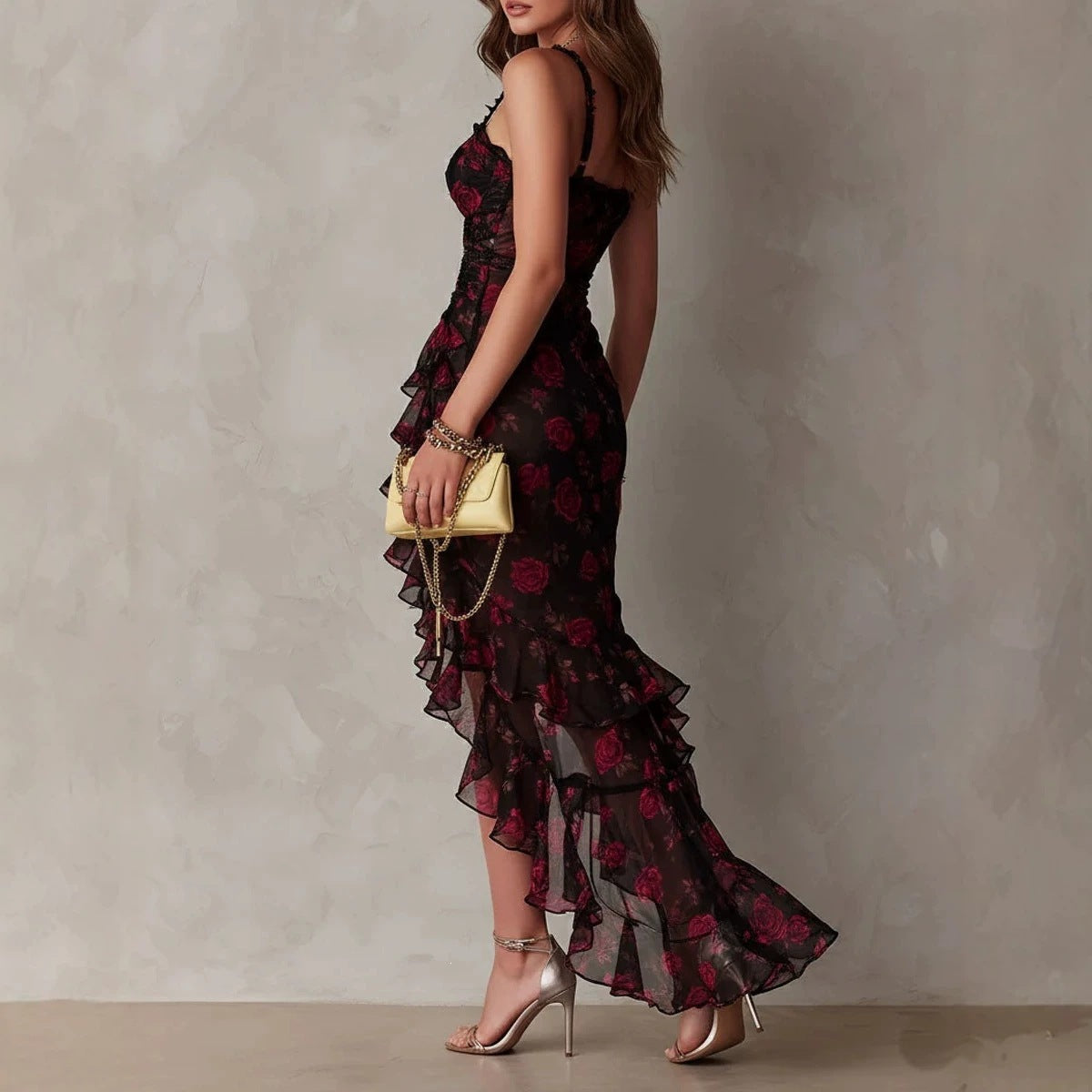 Women's Floral Print Strap Ruffle Hem A-Line Midi Dress — High-Waist Sundress