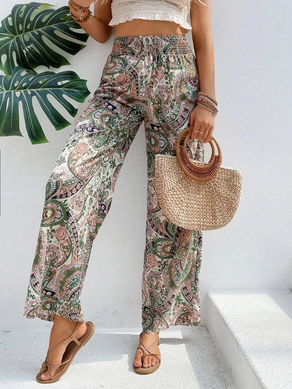 Women's Paisley Print Wide-Leg Pants – Boho Smocked Elastic Waist Tie-Up Flowy Trousers