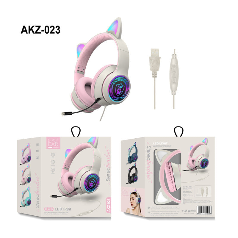 AKZ-023 Nuevos auriculares con cable y orejas de gato luminosas RGB USB con tarjeta de sonido para juegos y aprendizaje