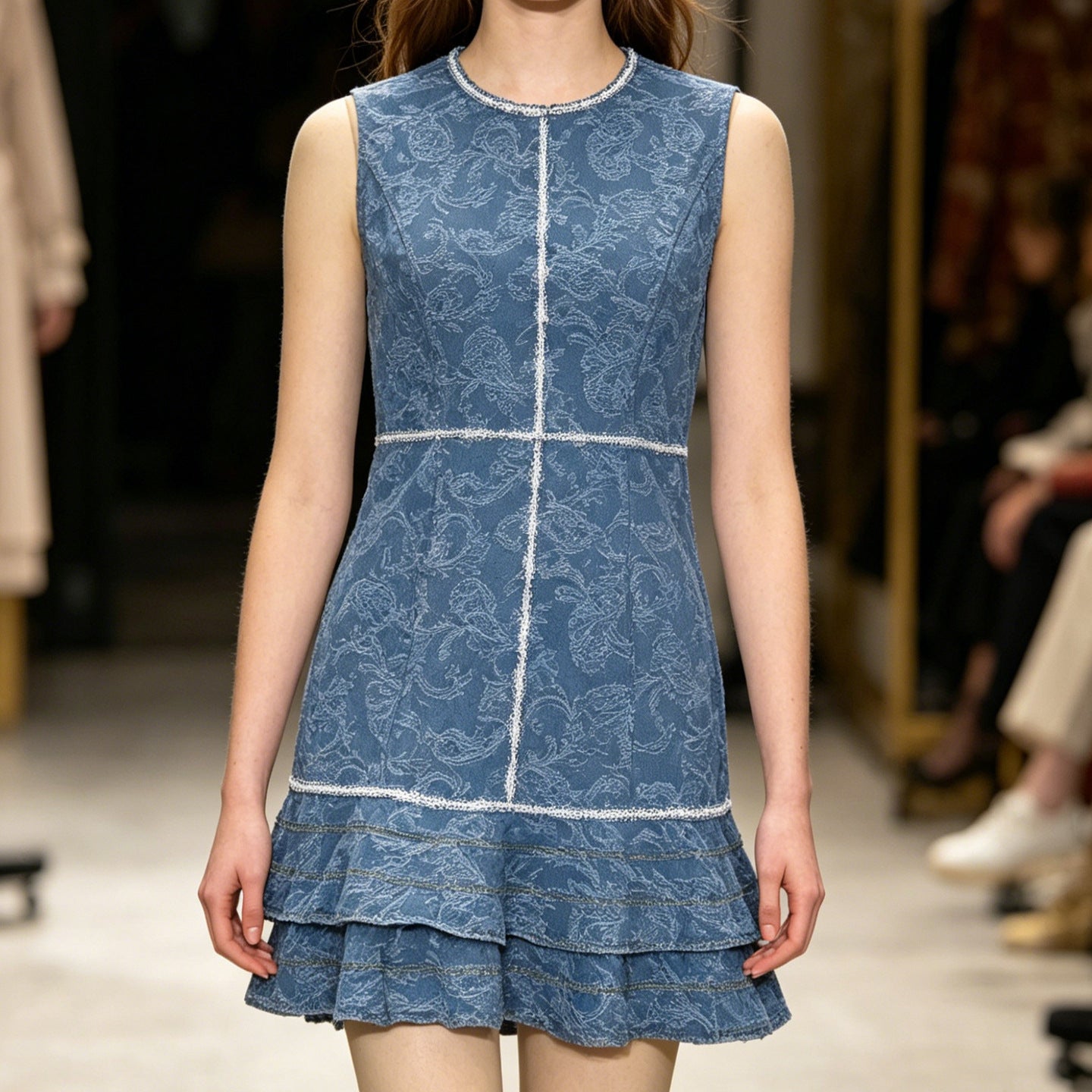 Women's Sleeveless Floral Print A-Line Mini Dress – Denim Blue Cotton Dress