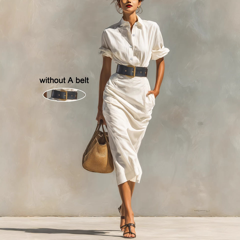 High Waist Shirt Maxi Dress for Women – Solid Color Button Cuff Long Dress
