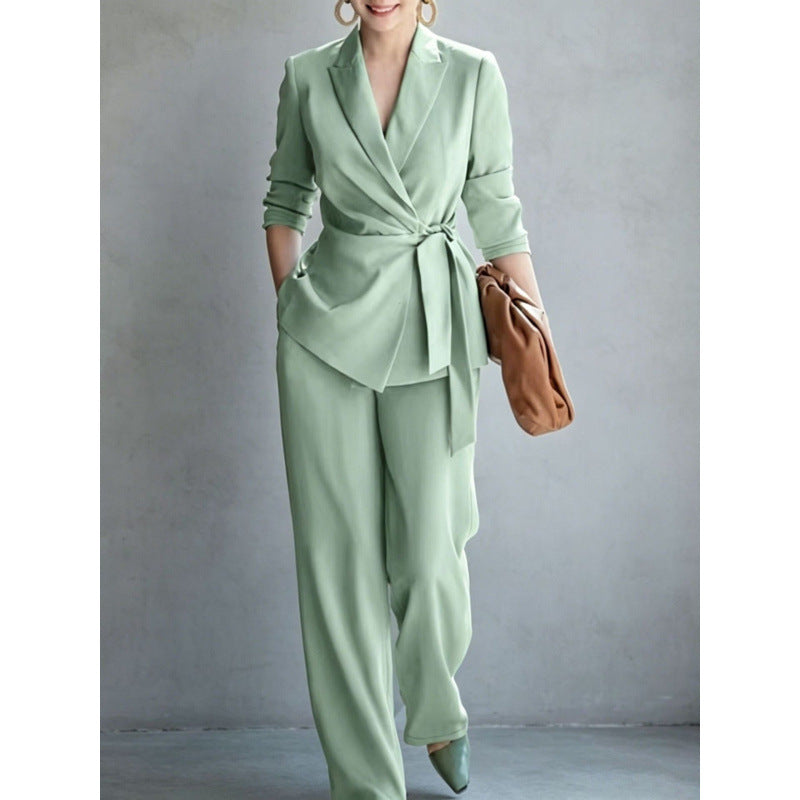 Women's Belted Blazer Wrap Top & Wide-Leg Trousers Suit Set