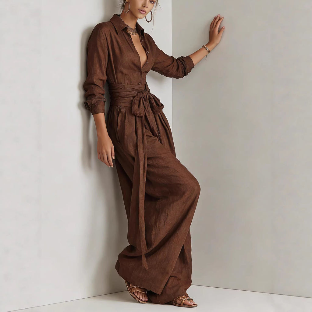 Women's Collar Long Sleeve Top & High-Waist Pants Two-Piece Set – 5 Colors