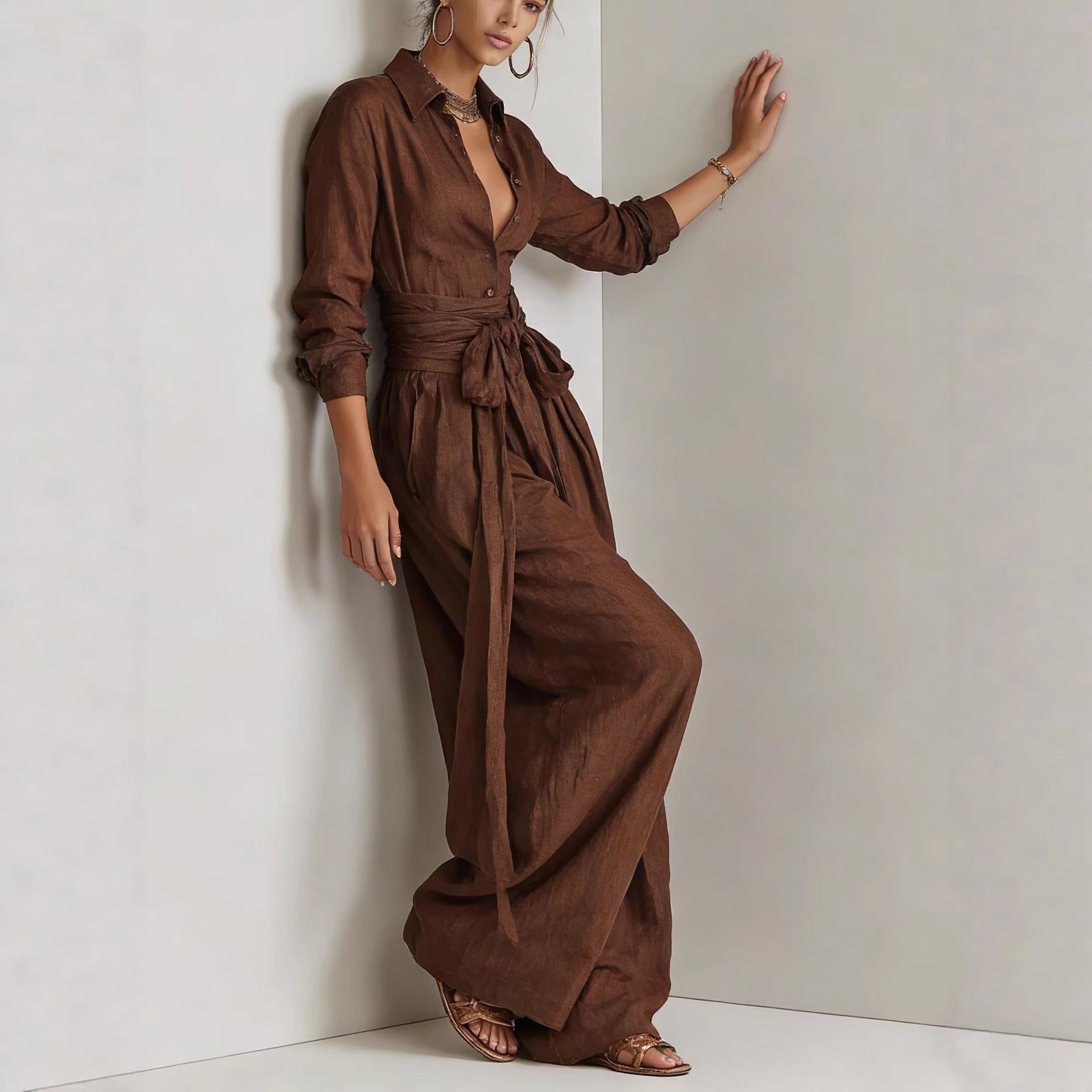 Women's Collar Long Sleeve Top & High-Waist Pants Two-Piece Set – 5 Colors
