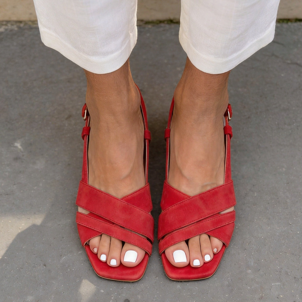 Women's Red Suede Cross-Strap Mid Heel Sandals – Square Toe Slingback